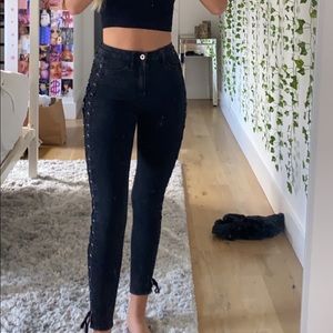 side lace tie black jeggings